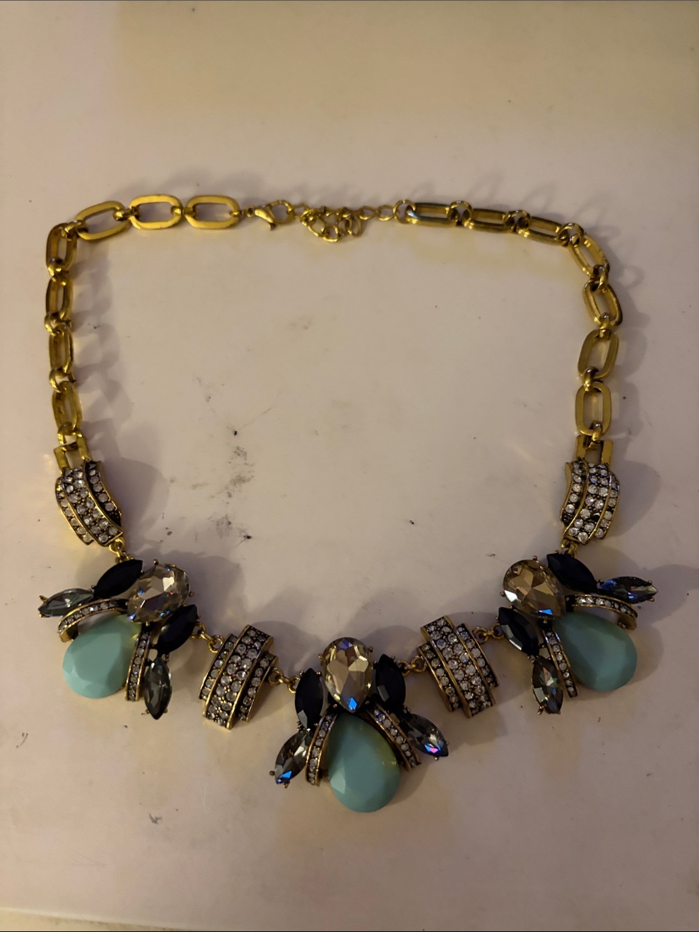 Statement Gold Necklace with Aqua Teardrop and Crystal Accents